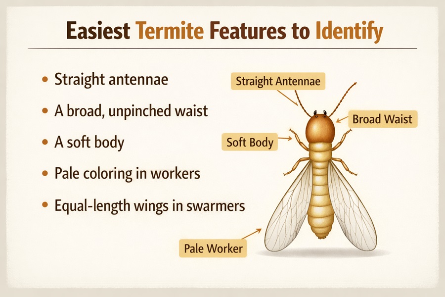 Termite features to easily identify including straight antennae, broad waist, soft body, pale coloring, and equal-length wings