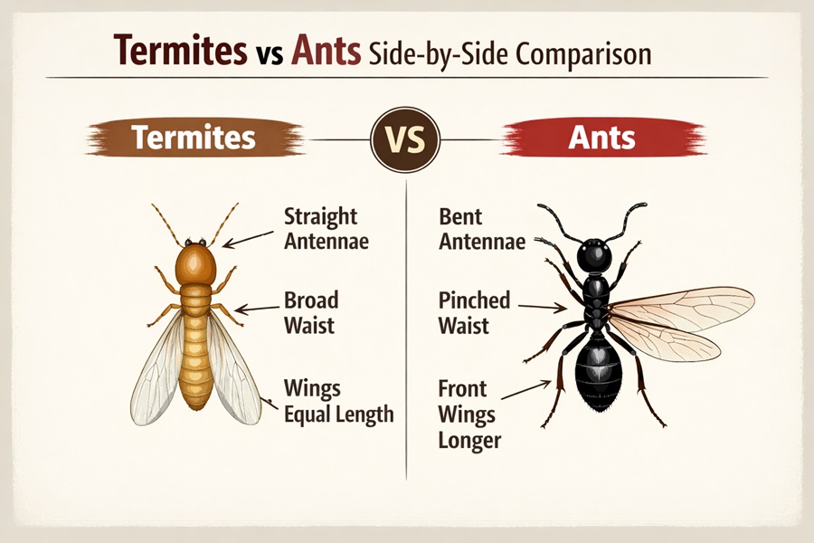 Termites vs ants comparison chart showing straight vs bent antennae, broad vs pinched waist, and equal vs unequal wing lengths
