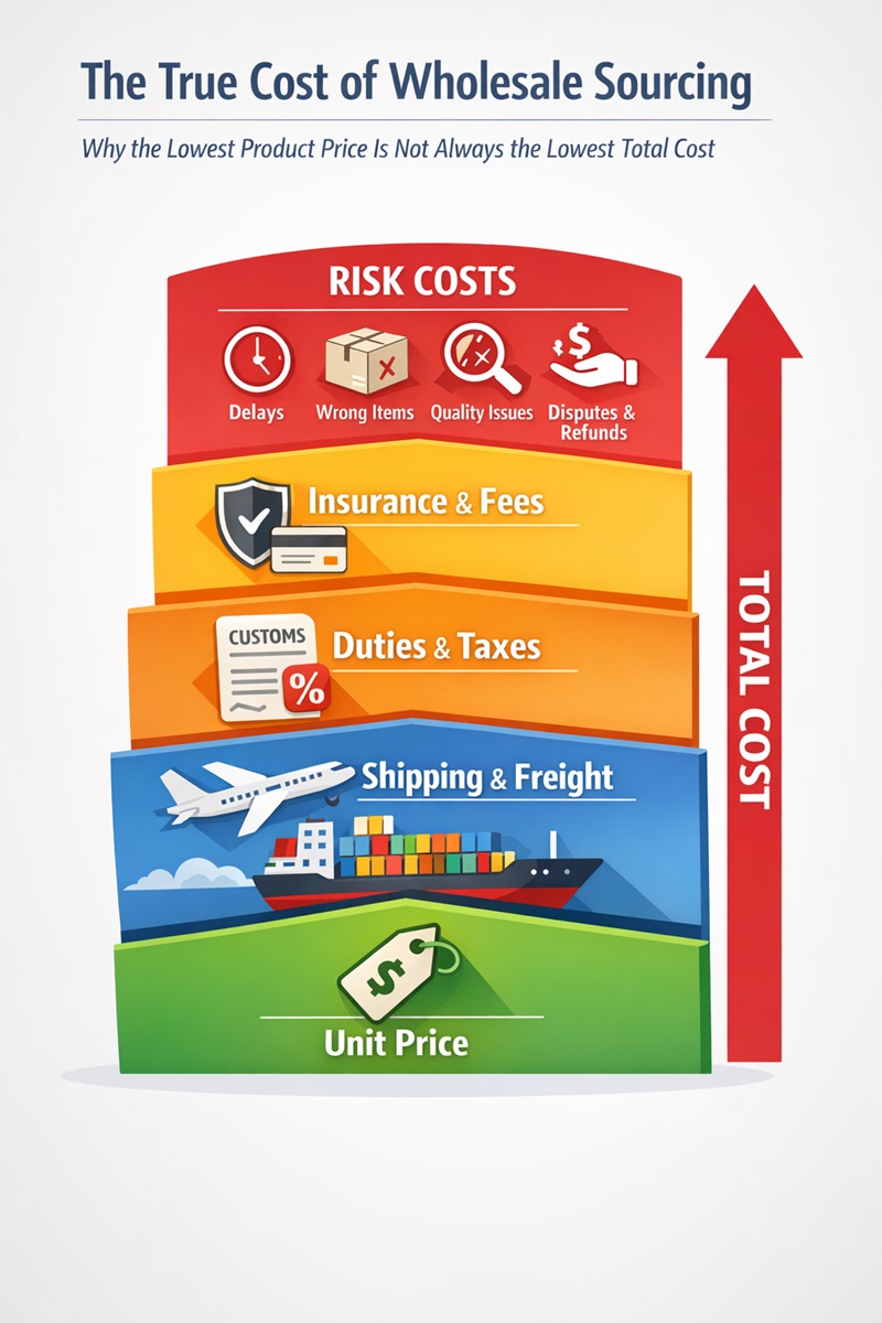 Infographic of wholesale sourcing costs including shipping, taxes, fees, and risk factors beyond unit price.