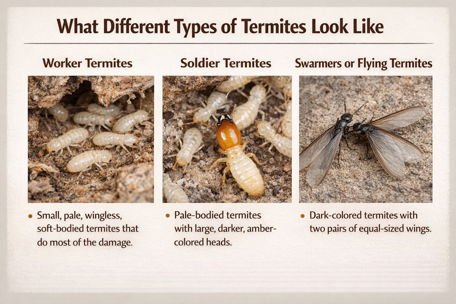 Visual guide to termite types showing pale worker termites, soldier termites with large darker heads, and winged swarmers with equal-length wings for easy identification