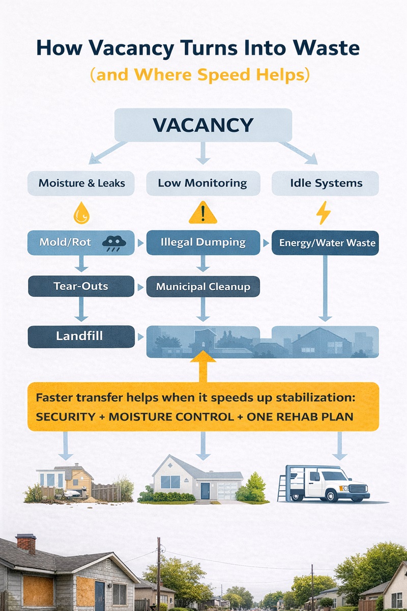 infographic showing how prolonged vacancy leads to moisture damage, illegal dumping, and idle energy use, and how faster stabilization can reduce waste.