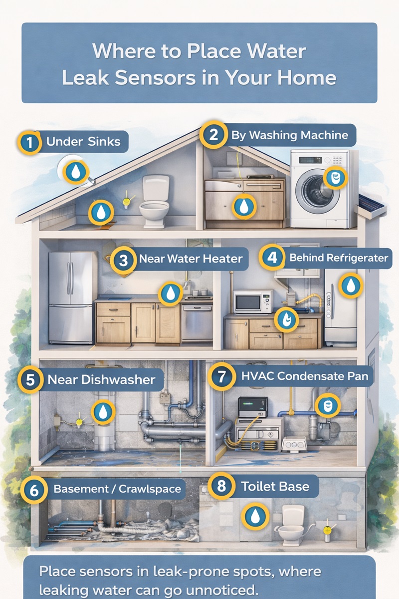 Illustrated home diagram showing recommended locations for water leak sensors including under sinks, near washing machines, water heaters, refrigerators, dishwashers, HVAC condensate pans, basements, and toilet bases.