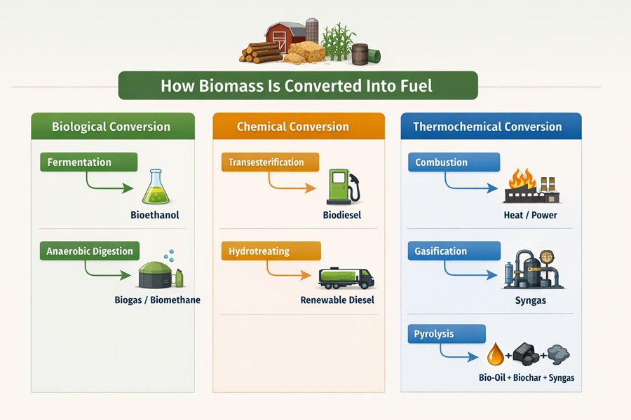 Flowchart infographic showing how biomass is converted into fuel through biological, chemical, and thermochemical processes, including fermentation to bioethanol, anaerobic digestion to biogas and biomethane, transesterification to biodiesel, hydrotreating to renewable diesel, and gasification and pyrolysis producing syngas and bio-oil.