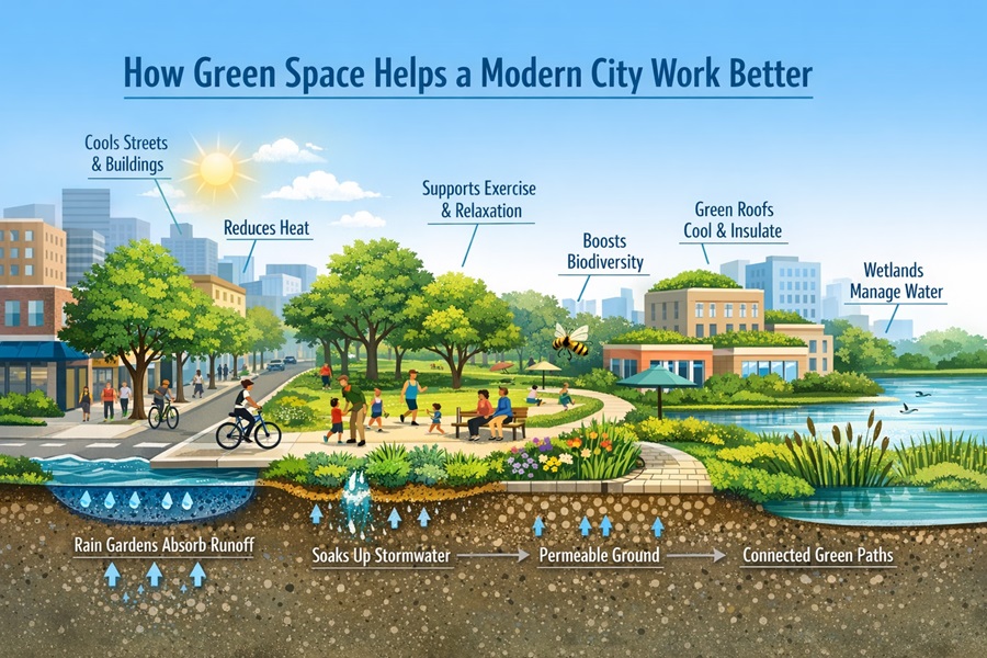 Illustrated urban cross-section showing street trees, parks, rain gardens, green roofs, and wetlands helping reduce heat, absorb stormwater, support biodiversity, and improve daily urban life.