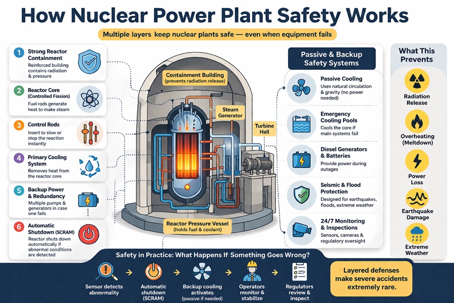 : Infographic showing how nuclear power plant safety works, including reactor containment, automatic shutdown systems, backup cooling, monitoring, and emergency planning layers.