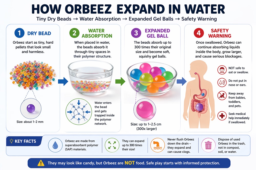 infographic showing how Orbeez expand in water in four stages: tiny dry beads, water absorption in a bowl, fully expanded gel balls, and a final safety warning explaining choking and ingestion risks for children and pets, plus proper disposal reminders.
