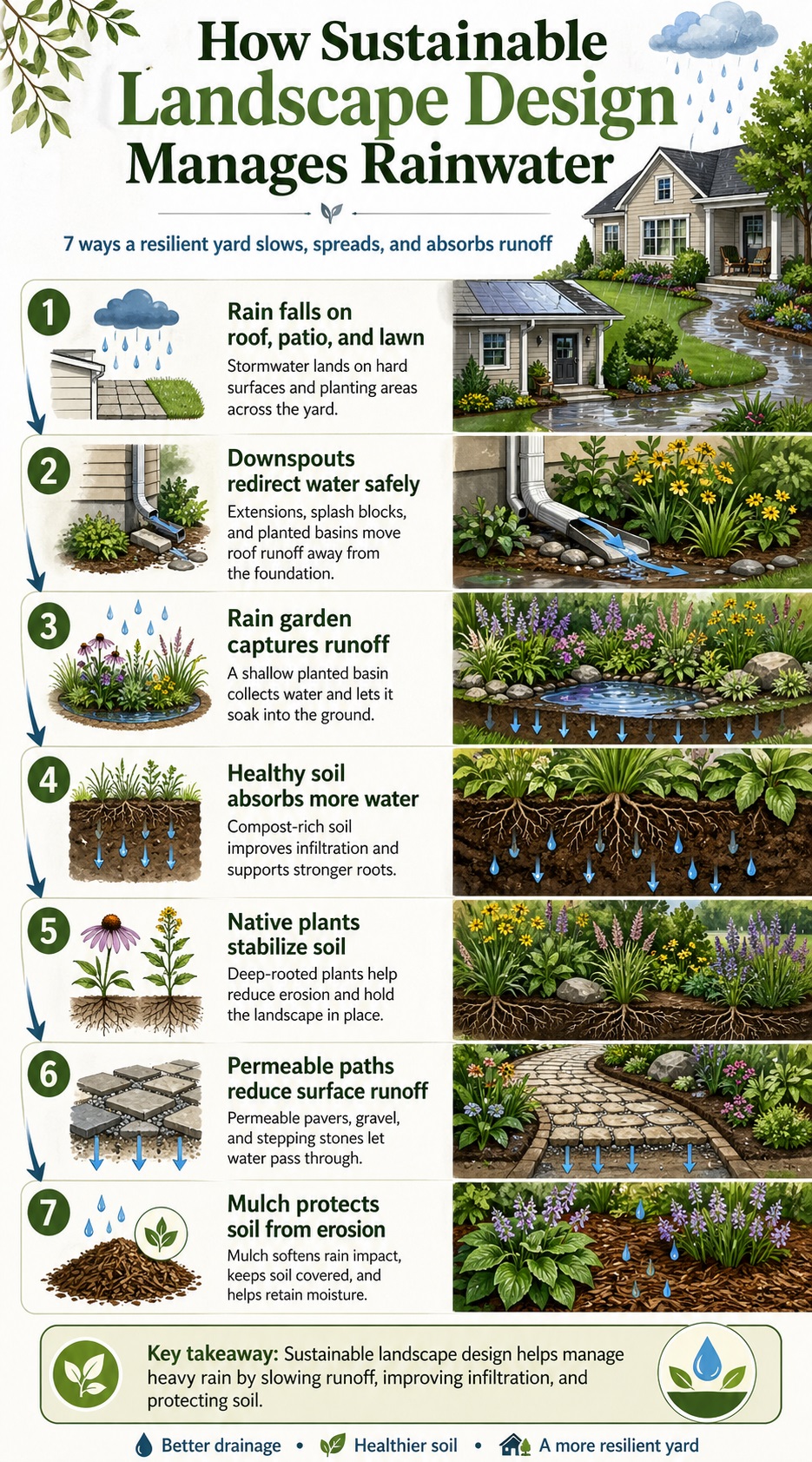 Infographic showing how sustainable landscape design manages rainwater with rain gardens, healthy soil, native plants, mulch, and permeable paths.
