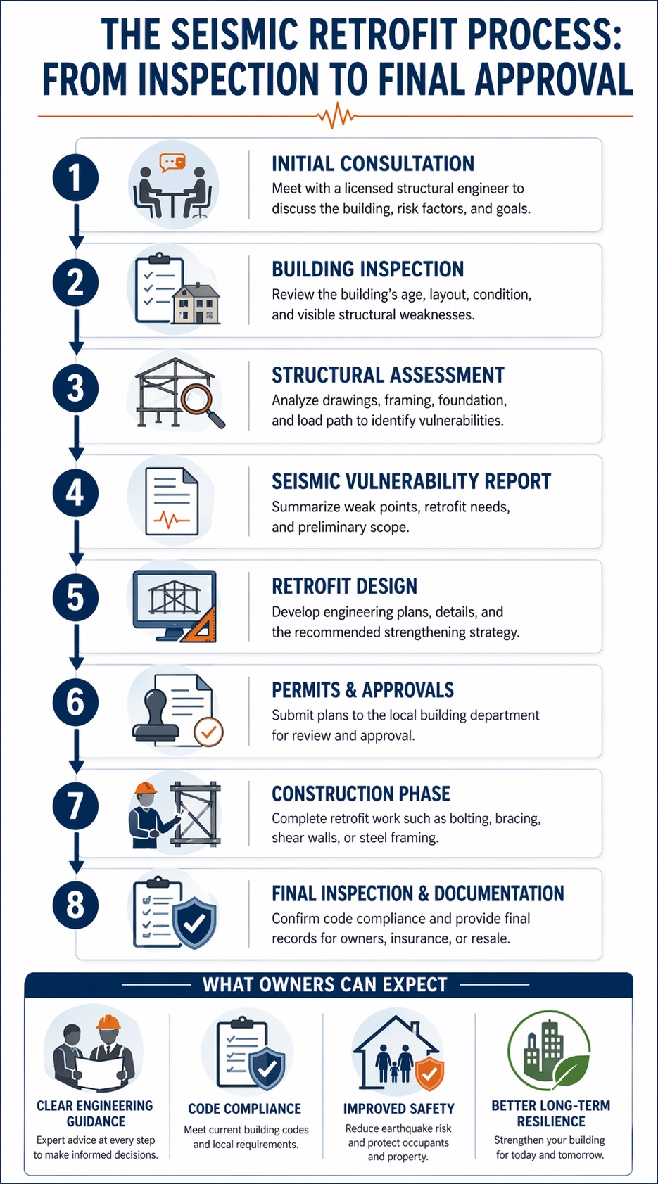 Timeline infographic showing the seismic retrofit process from engineering assessment and design to construction and final inspection.