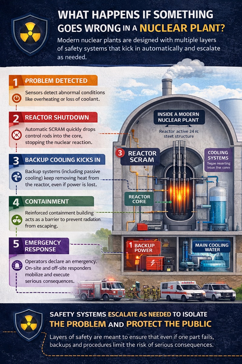 Infographic showing what happens if something goes wrong in a nuclear power plant, including detection, automatic shutdown (SCRAM), backup cooling systems, containment barriers, and emergency response steps.