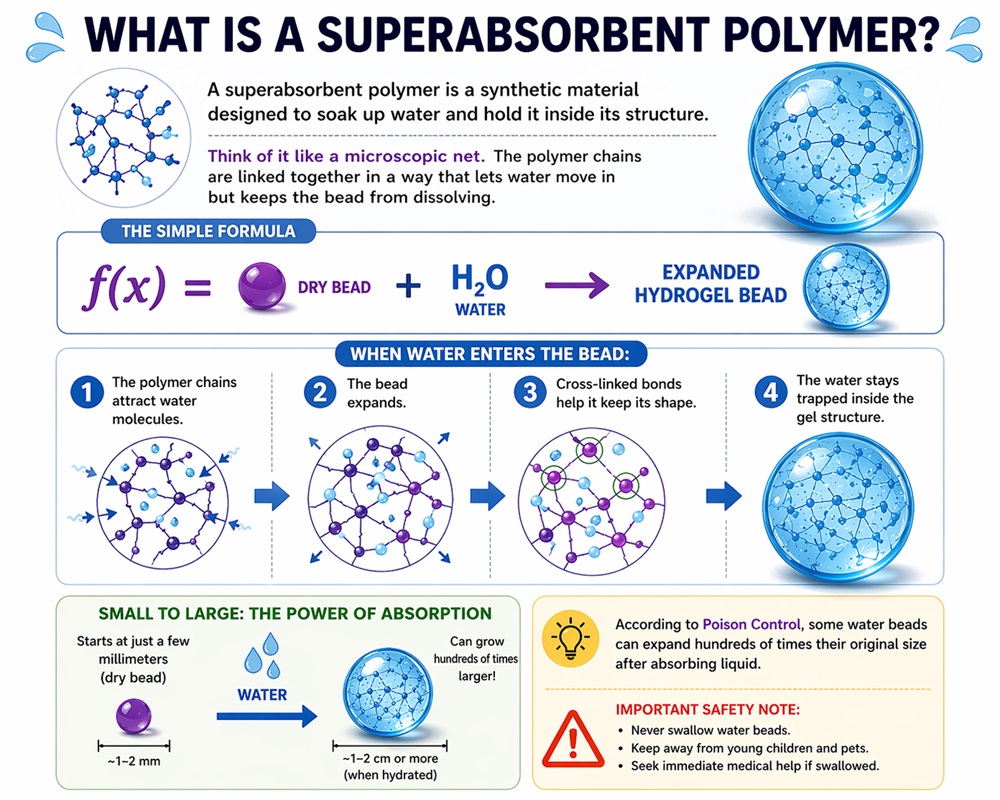 infographic explaining what a superabsorbent polymer is and how it works. It shows a formula—dry bead + H2O → expanded hydrogel bead—along with step-by-step visuals of polymer chains attracting water, bead expansion, cross-linked bonds maintaining structure, and water becoming trapped inside the gel. The infographic also compares dry bead size to hydrated size and includes a safety warning about swallowing water beads.