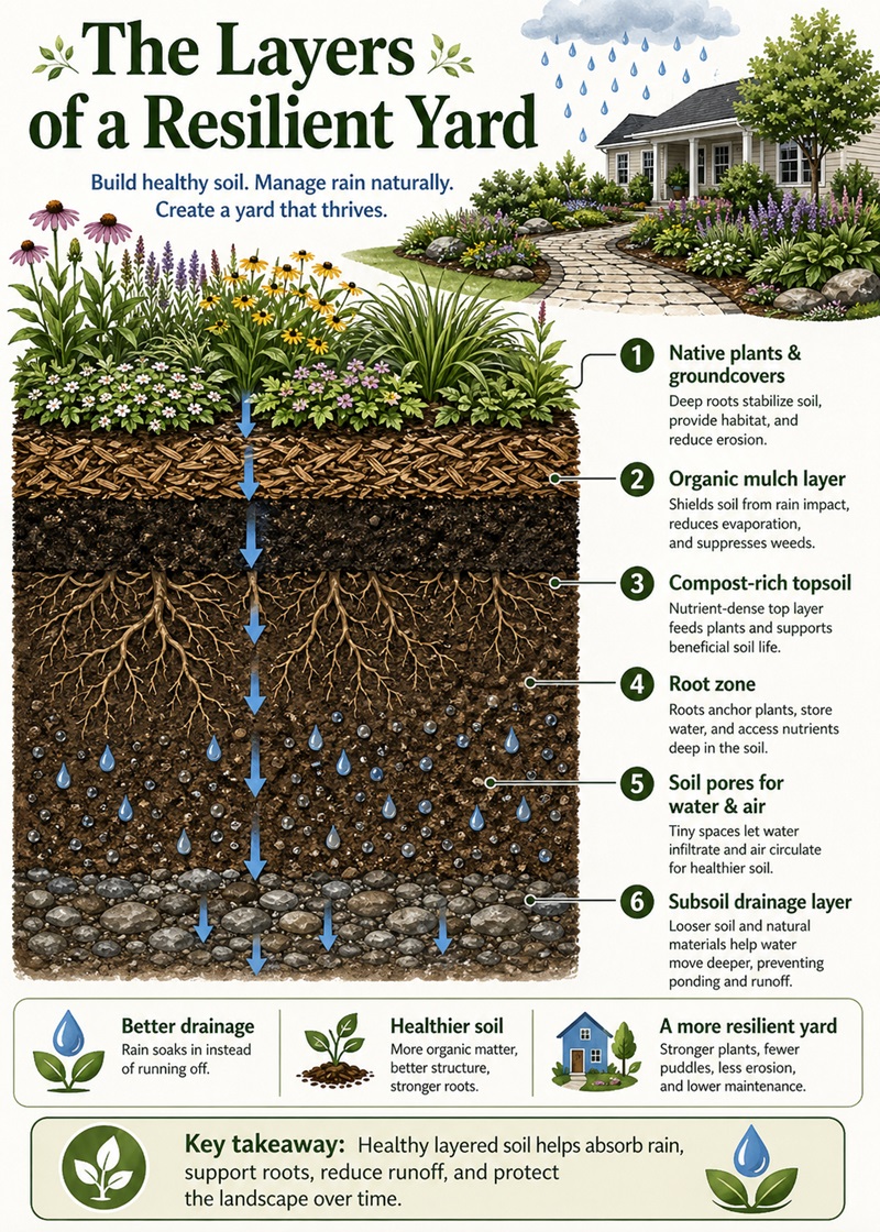 Cross-section infographic showing native plants, mulch, compost-rich soil, roots, and water movement in a sustainable landscape.