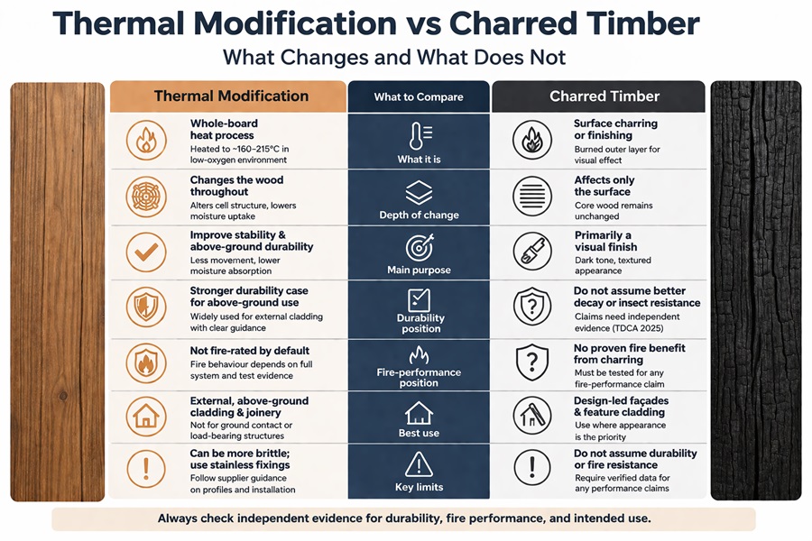 Comparison of thermal modification vs charred timber for cladding, highlighting process, durability, fire performance, and key limitations.
