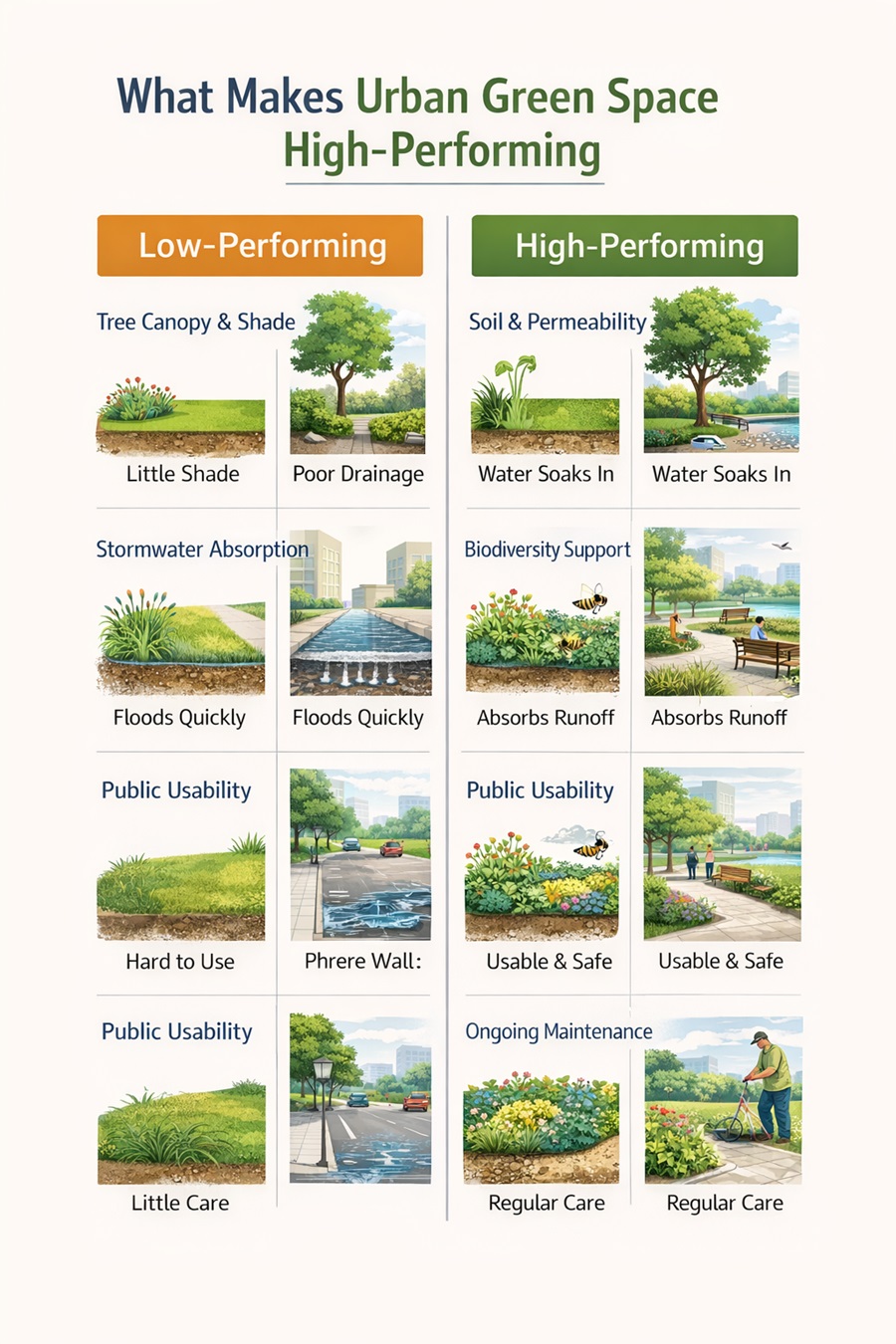 Comparison infographic showing the difference between decorative green space and high-performing urban green infrastructure based on shade, soil, stormwater, biodiversity, connectivity, and public use.