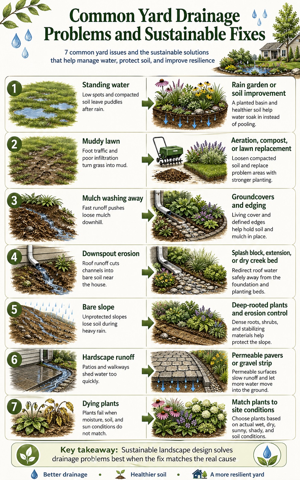 Infographic matching common yard drainage problems with sustainable fixes such as rain gardens, groundcovers, permeable pavers, and dry creek beds.