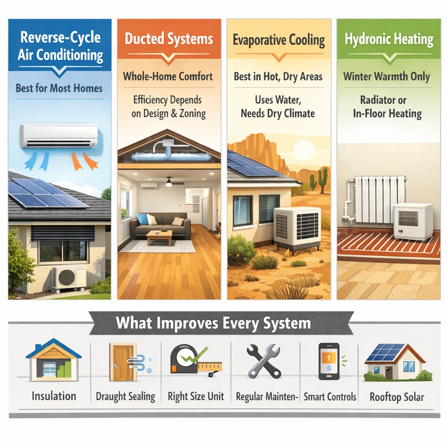 Comparison infographic showing reverse-cycle air conditioning, ducted systems, evaporative cooling, and hydronic heating for Australian homes by climate and use case.