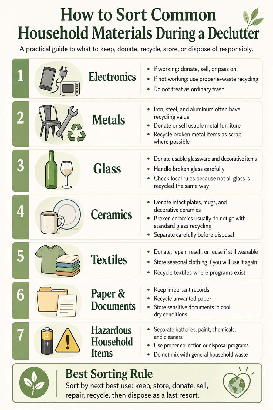 Infographic showing how to sort common household materials during a declutter, including electronics, metals, glass, ceramics, textiles, paper, and hazardous items, with guidance on reuse, recycling, storage, and safe disposal.
