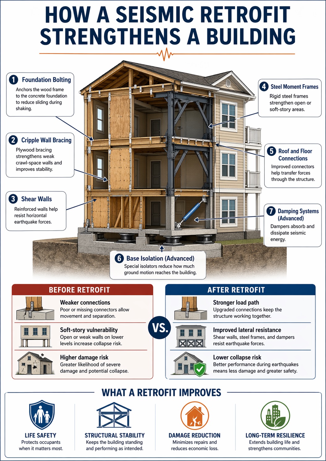 Infographic showing how a seismic retrofit strengthens a building with foundation bolting, cripple wall bracing, shear walls, and steel framing.