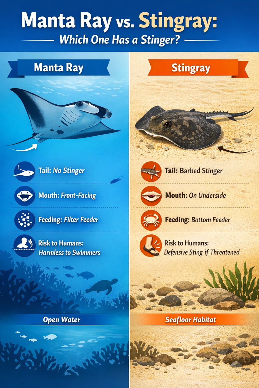Manta ray vs stingray comparison infographic showing that manta rays have no stinger, while many stingrays have a barbed defensive tail.