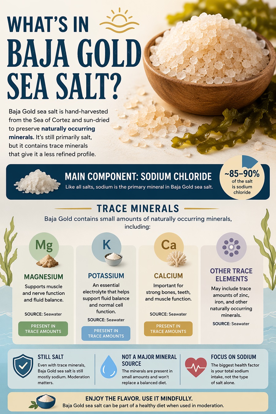 Infographic showing what’s in Baja Gold sea salt, highlighting sodium chloride as the main component (85–90%) along with trace minerals like magnesium, potassium, calcium, and other elements, plus notes on moderation and limited nutritional impact.