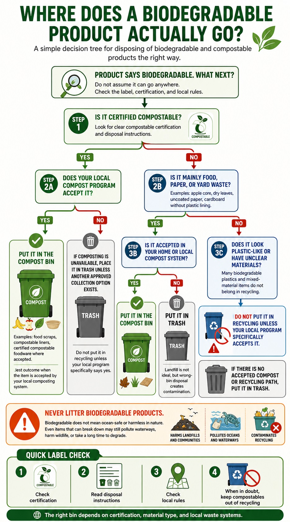 Decision-tree infographic explaining how to dispose of biodegradable products based on certification, local composting access, material type, and recycling rules.