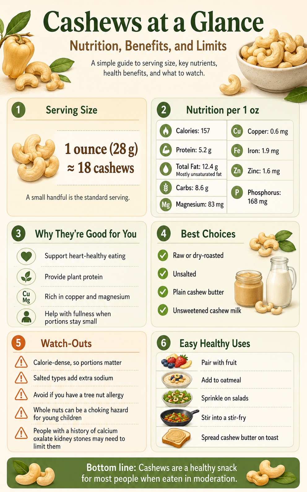 Infographic explaining cashew nutrition, serving size, health benefits, and risks.