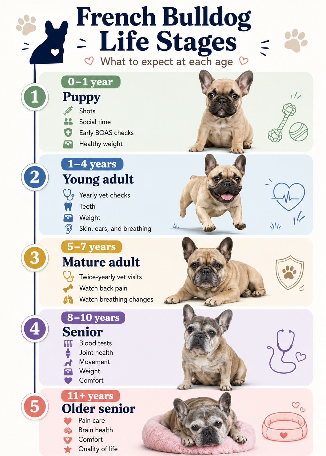 Vertical timeline infographic showing French Bulldog life stages from puppy to senior age.