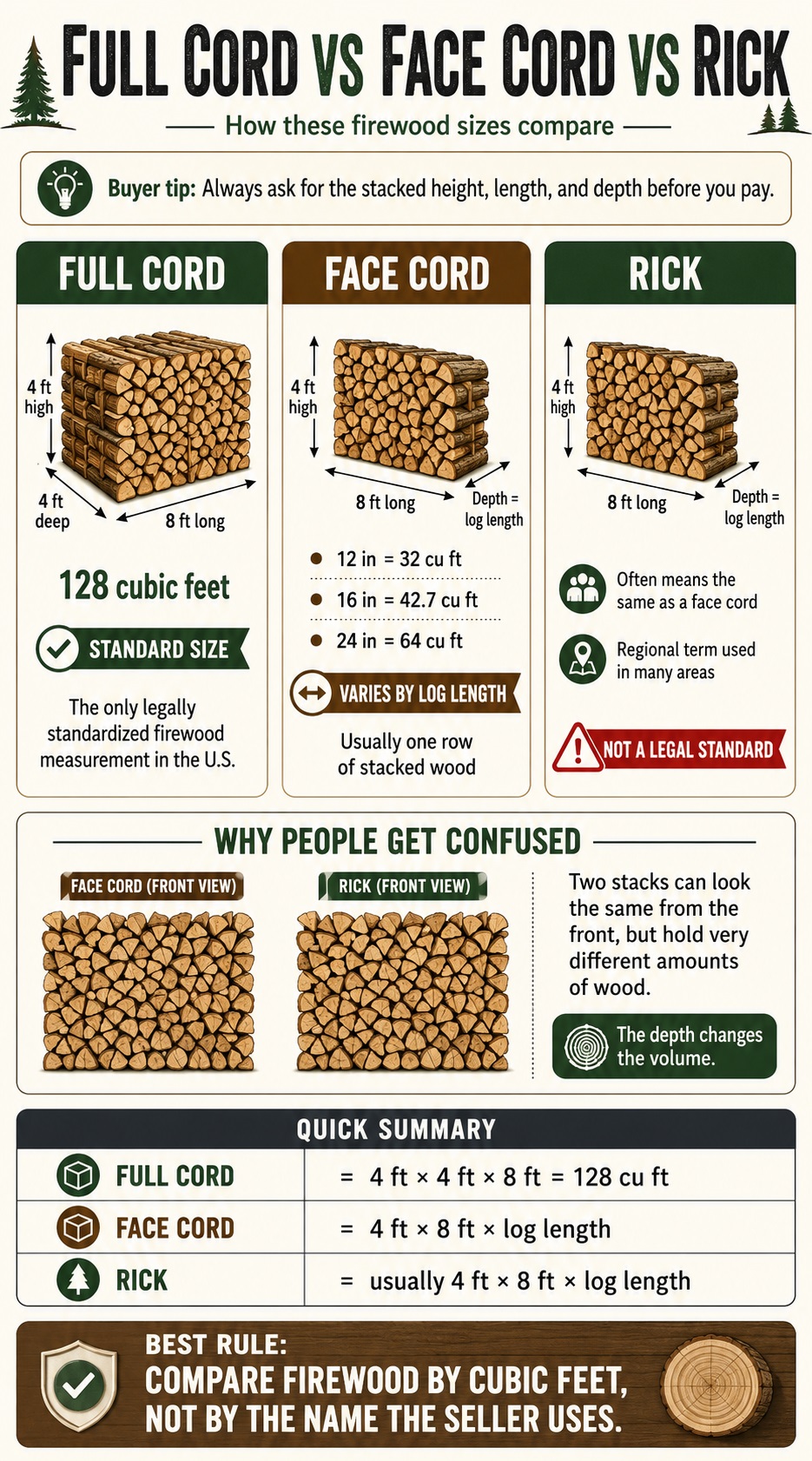 Infographic comparing a full cord, face cord, rick, and truckload of firewood with size and volume notes.