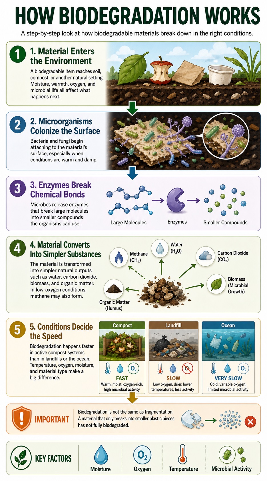 Step-by-step infographic showing how biodegradable materials break down through microorganisms, enzymes, oxygen, moisture, and temperature into simpler natural substances.