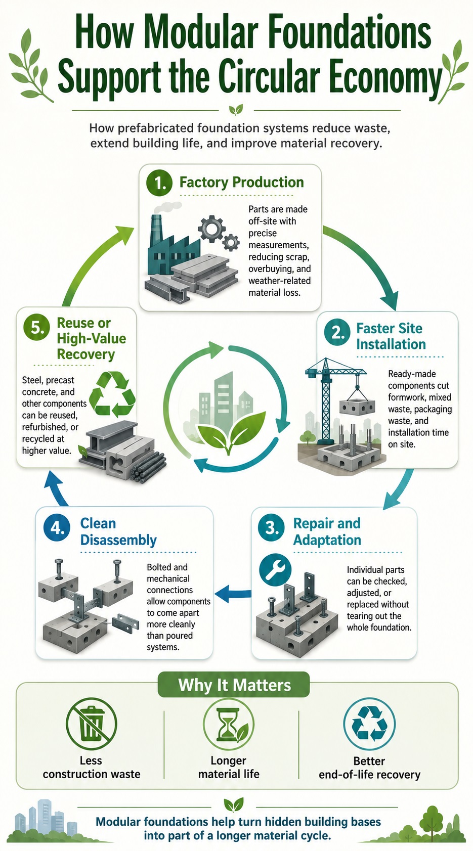 Infographic showing how modular foundation systems support circular construction through factory production, faster installation, repair, disassembly, and material reuse.