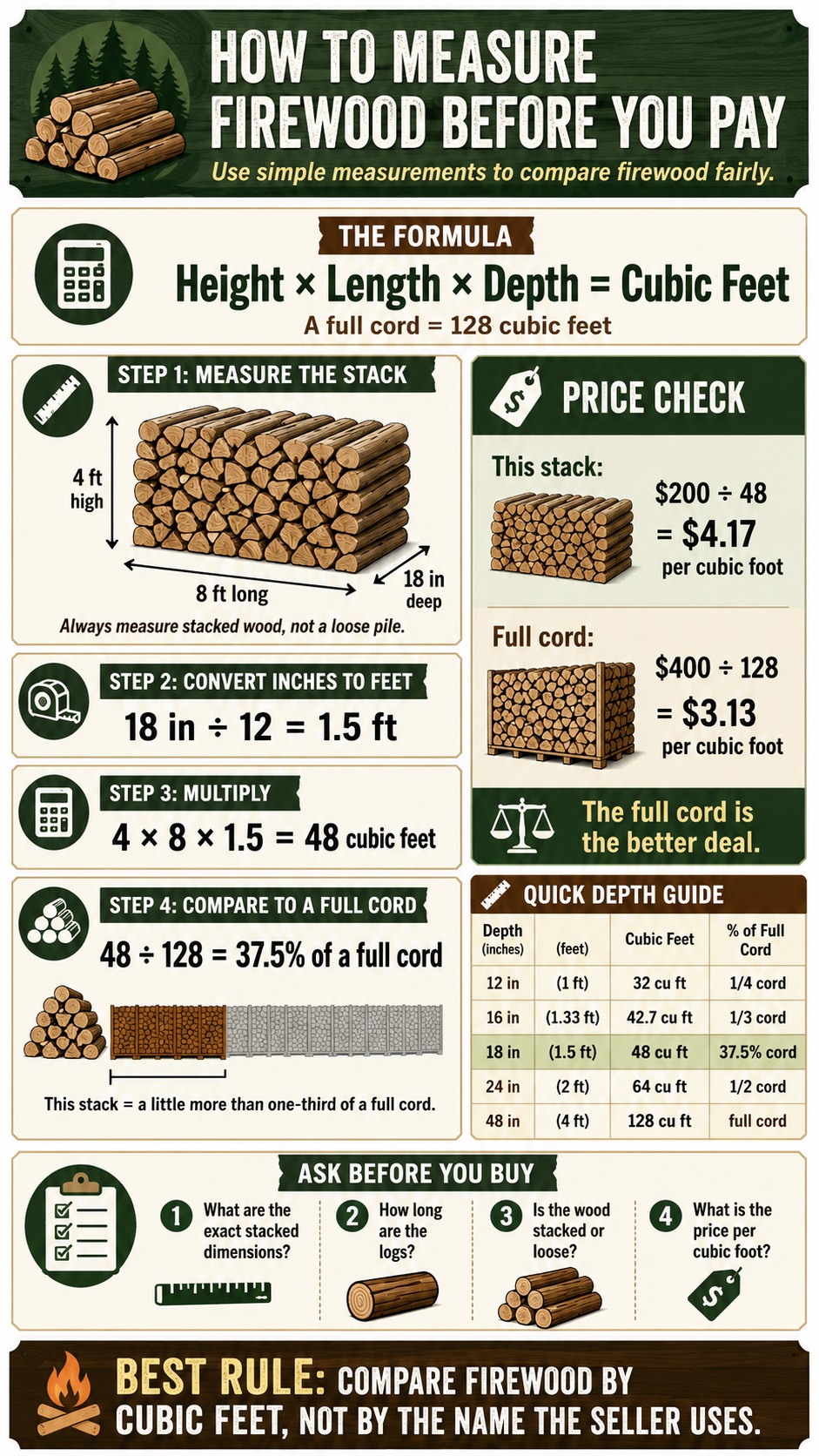 Step-by-step firewood measuring infographic showing how to calculate cubic feet from stack height, length, and depth.