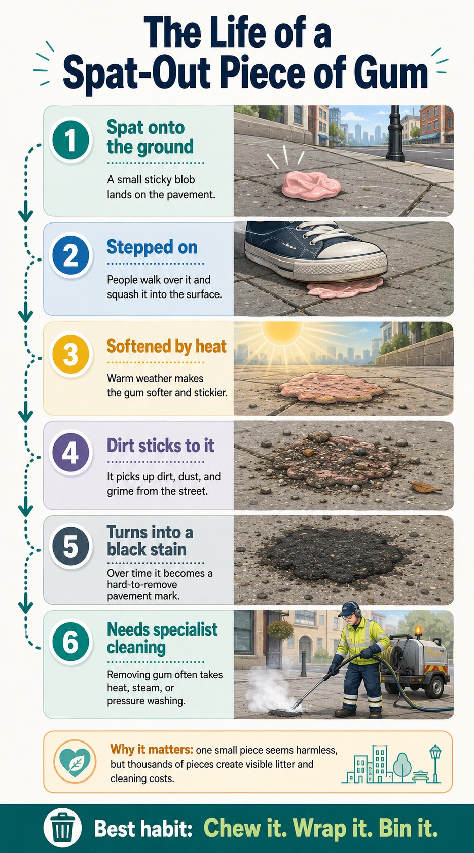how spat-out chewing gum becomes a black stain on city pavement.