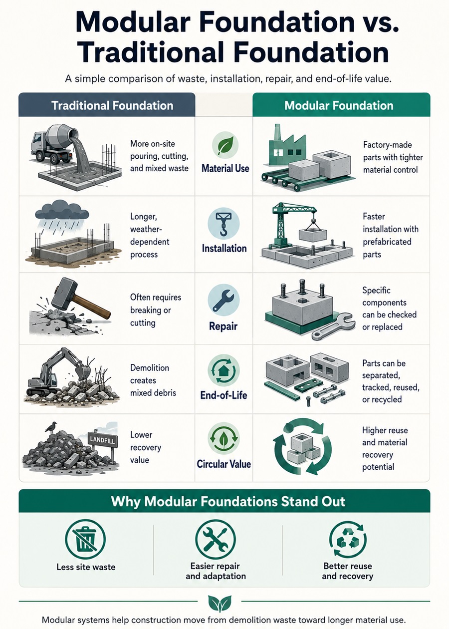 Comparison infographic showing how modular foundations differ from traditional foundations in material use, installation speed, repair, disassembly, and circular economy value.