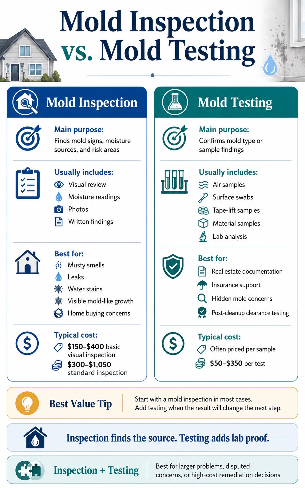 Infographic comparing mold inspection and mold testing for homeowners.