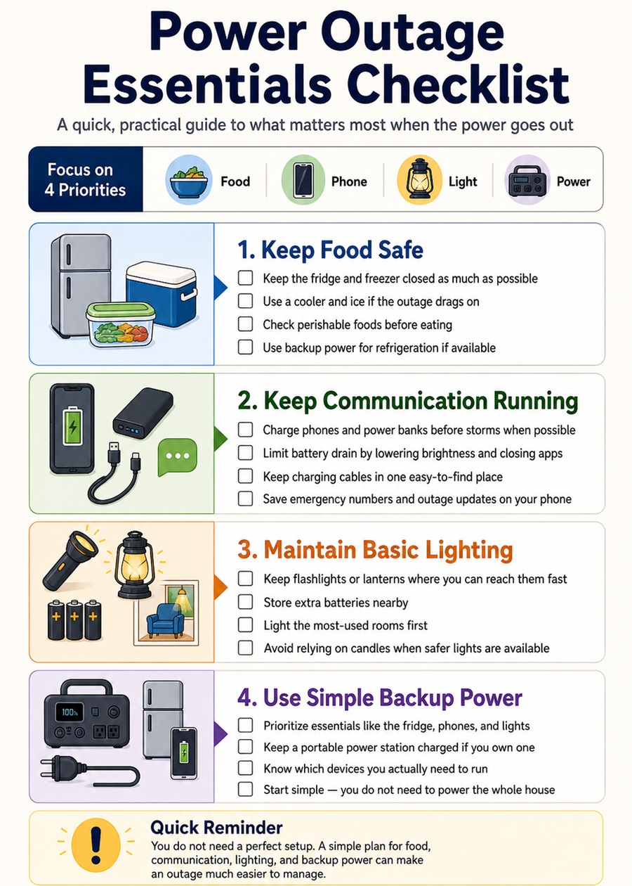 Checklist infographic showing the four most important power outage priorities: food safety, communication, lighting, and simple backup power.