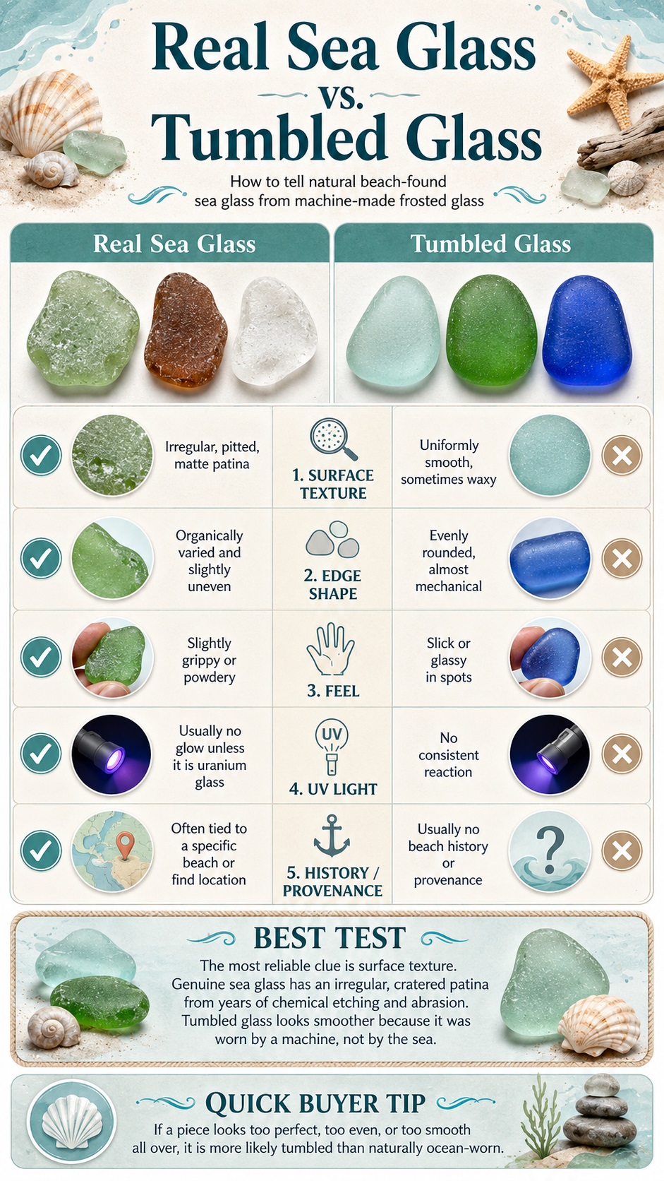 Real sea glass vs tumbled glass comparison infographic showing differences in surface texture, edge shape, feel, UV reaction, and beach provenance.