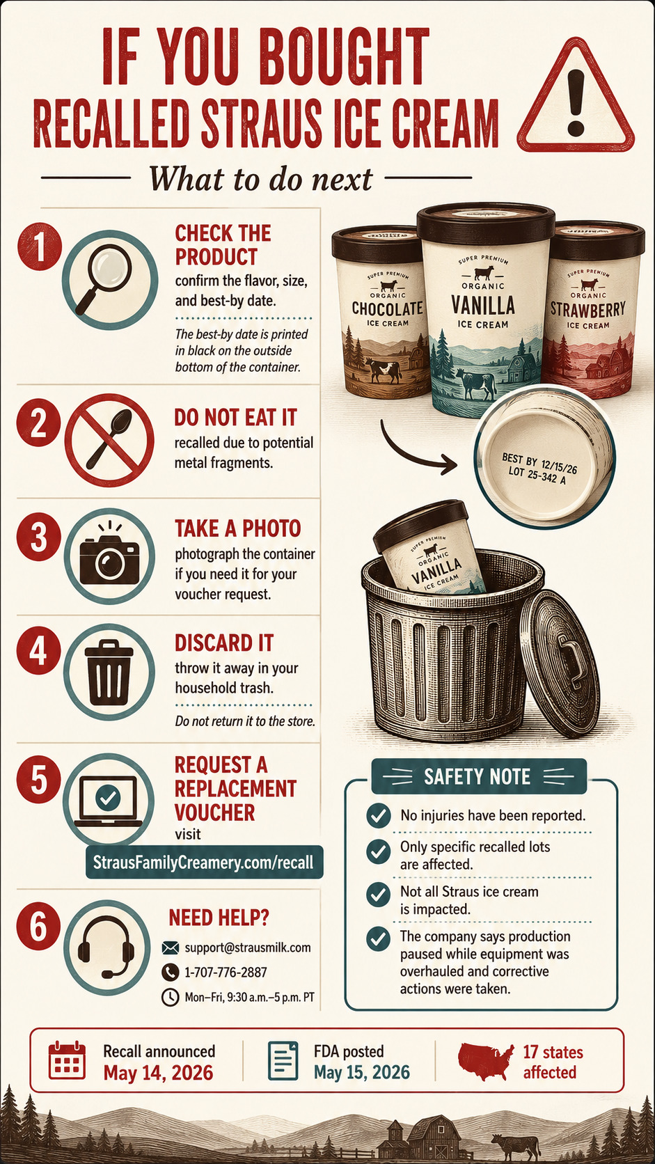 Infographic explaining what to do after buying recalled Straus ice cream, including checking the product, not eating it, taking a photo, discarding it, and requesting a replacement voucher