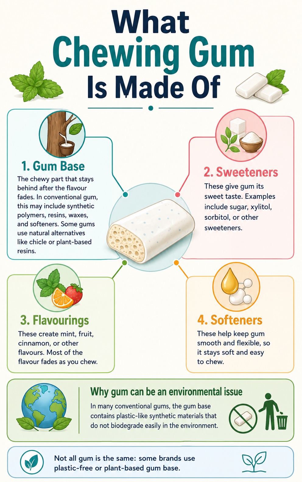 main ingredients in chewing gum and why synthetic gum base causes environmental waste.