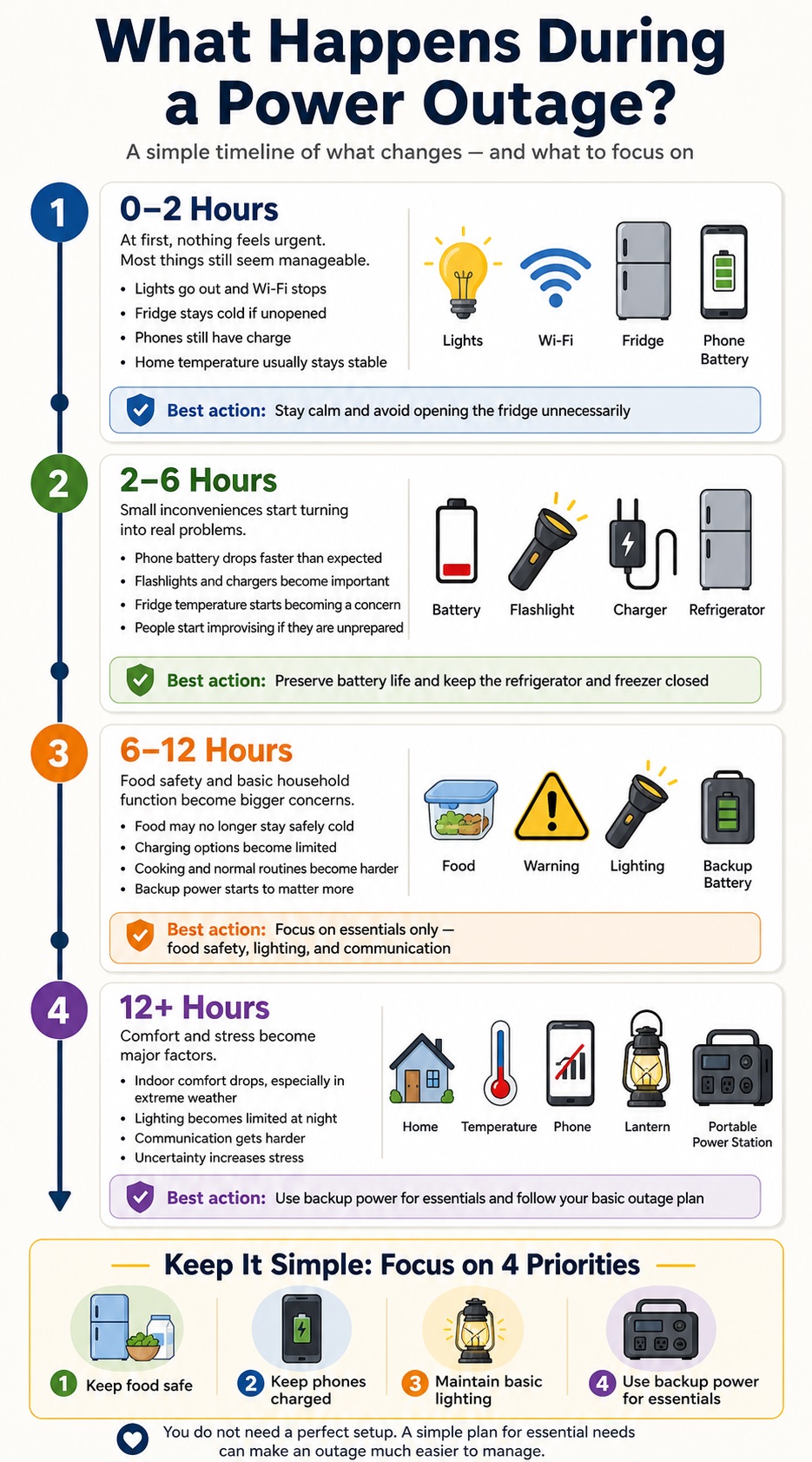 Timeline infographic showing what typically happens during a power outage from the first 2 hours to 12+ hours, including food safety, phone charging, lighting, and comfort concerns.