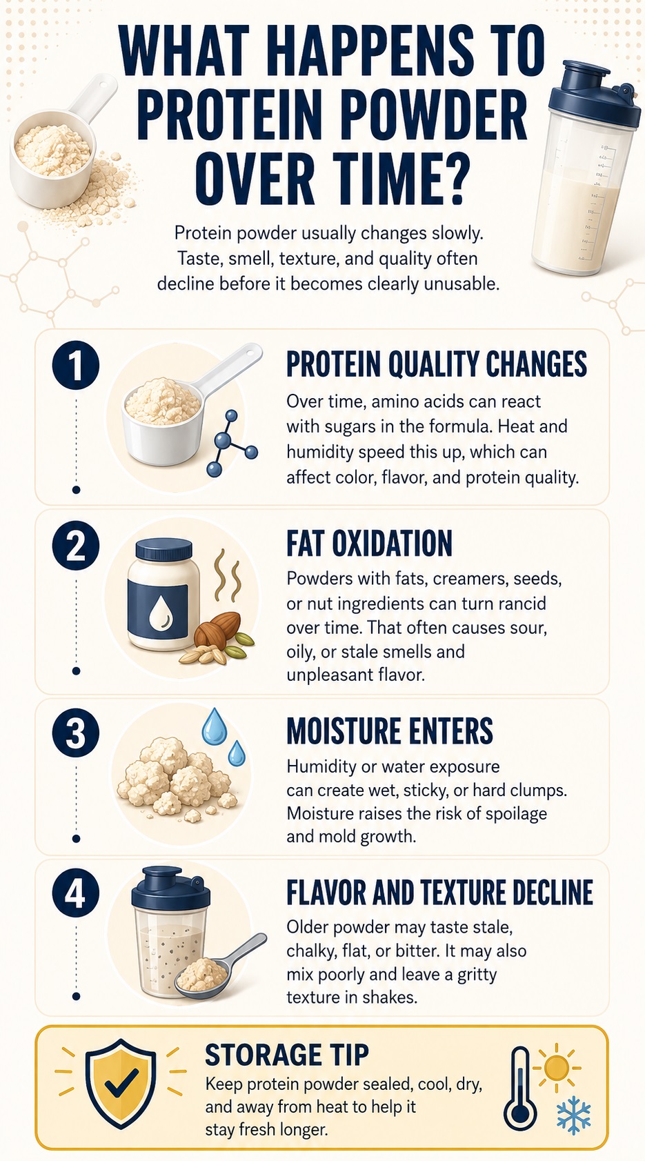 Infographic explaining what happens to protein powder over time, including protein quality changes, fat oxidation, moisture clumping, and flavor decline.