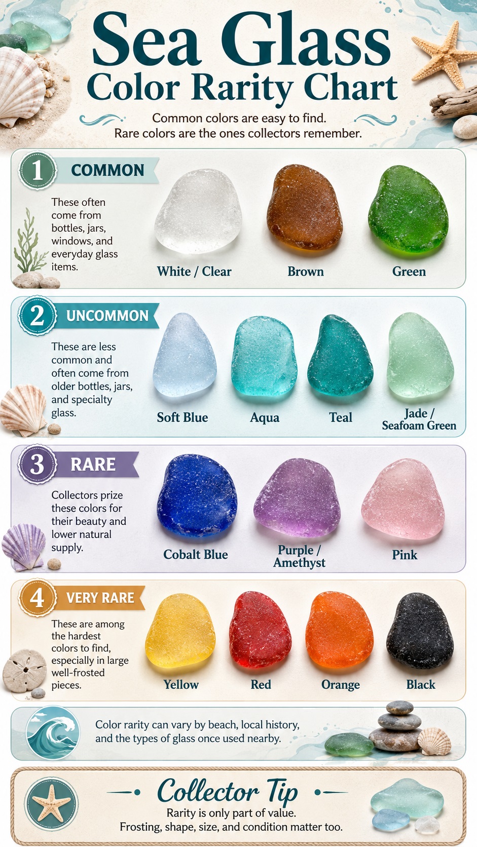 Sea glass color rarity chart comparing common, uncommon, rare, and very rare sea glass colors from white and brown to red, orange, yellow, and black.