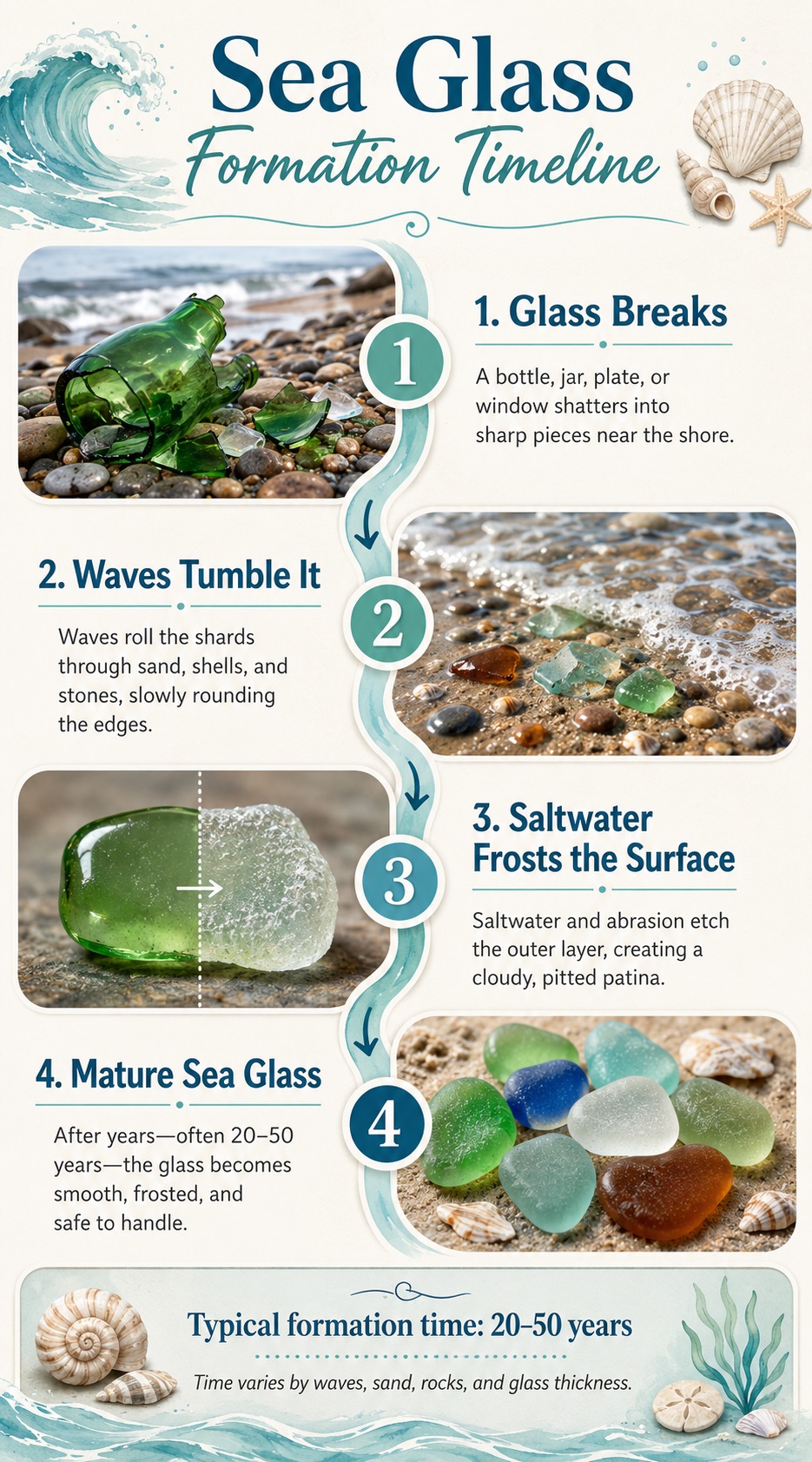 Sea glass formation timeline showing broken glass, wave tumbling, saltwater frosting, and mature smooth sea glass after 20 to 50 years.