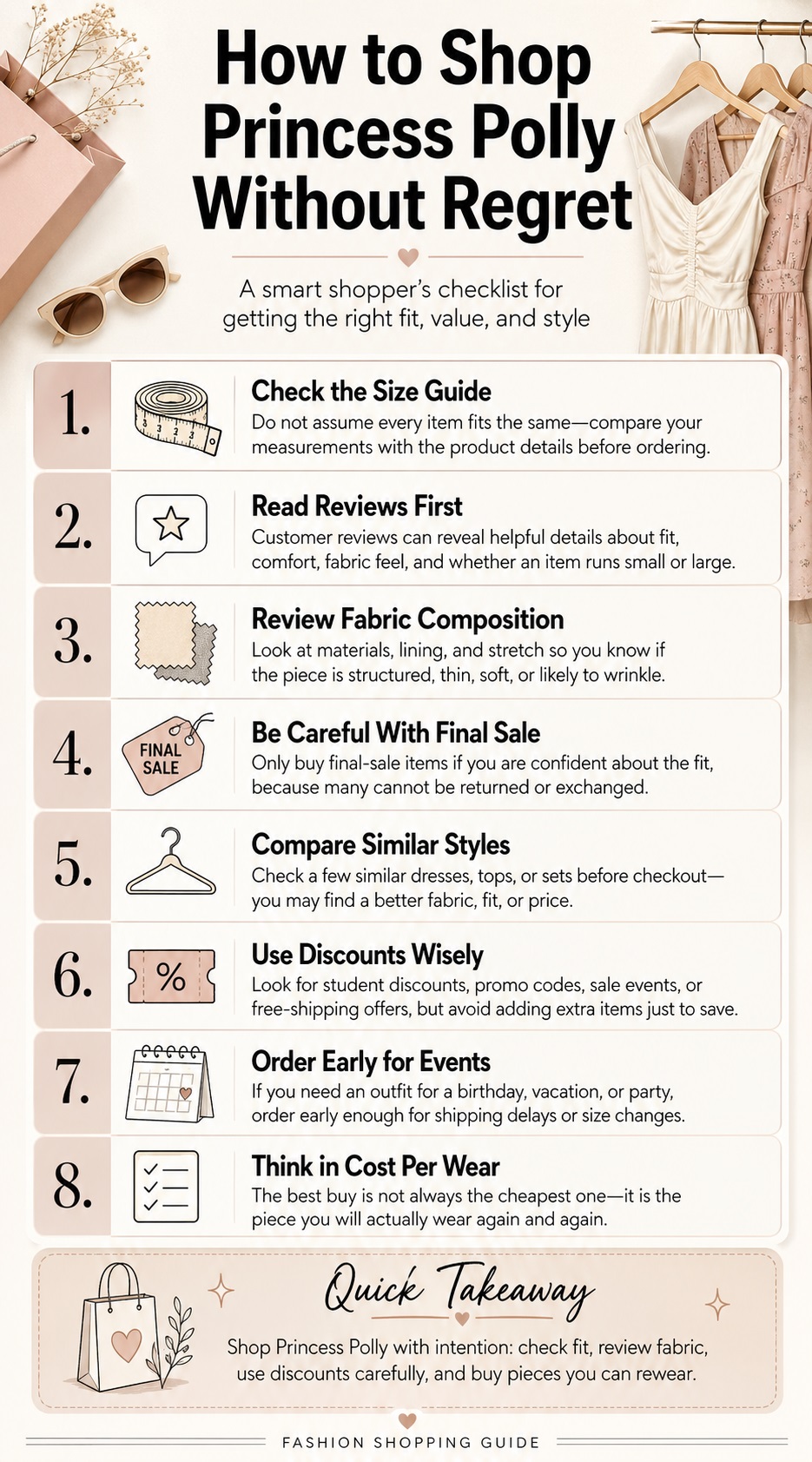 Infographic titled “How to Shop Princess Polly Without Regret” with eight tips: check the size guide, read reviews, review fabric composition, be careful with final sale, compare similar styles, use discounts wisely, order early for events, and think in cost per wear.