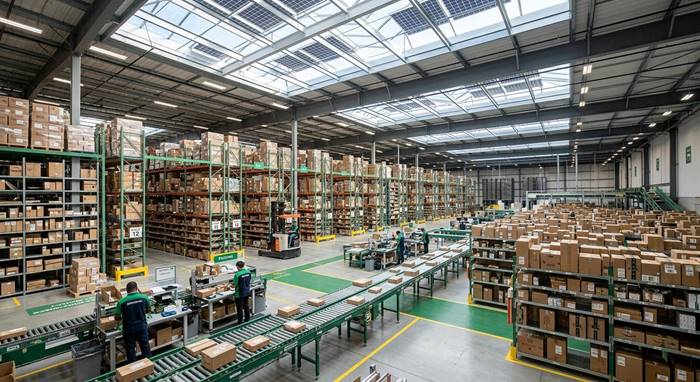 A modern fulfillment center designed with energy efficiency in mind - solar rooftops and optimized operations reduce a facility’s environmental footprint.