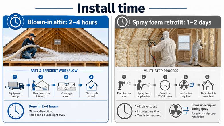 Install time comparison showing blown-in attic insulation taking 2–4 hours and spray foam retrofit taking 1–2 days
