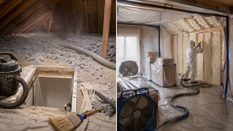 Attic blown-in insulation installation compared with spray foam insulation retrofit in a sealed room